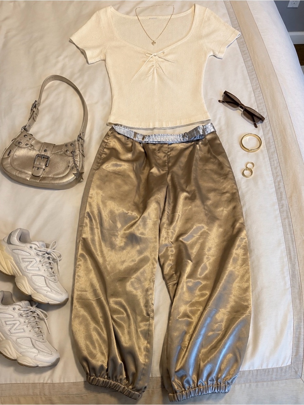 Maeve Satin Jogger Pants in Metallic Gold